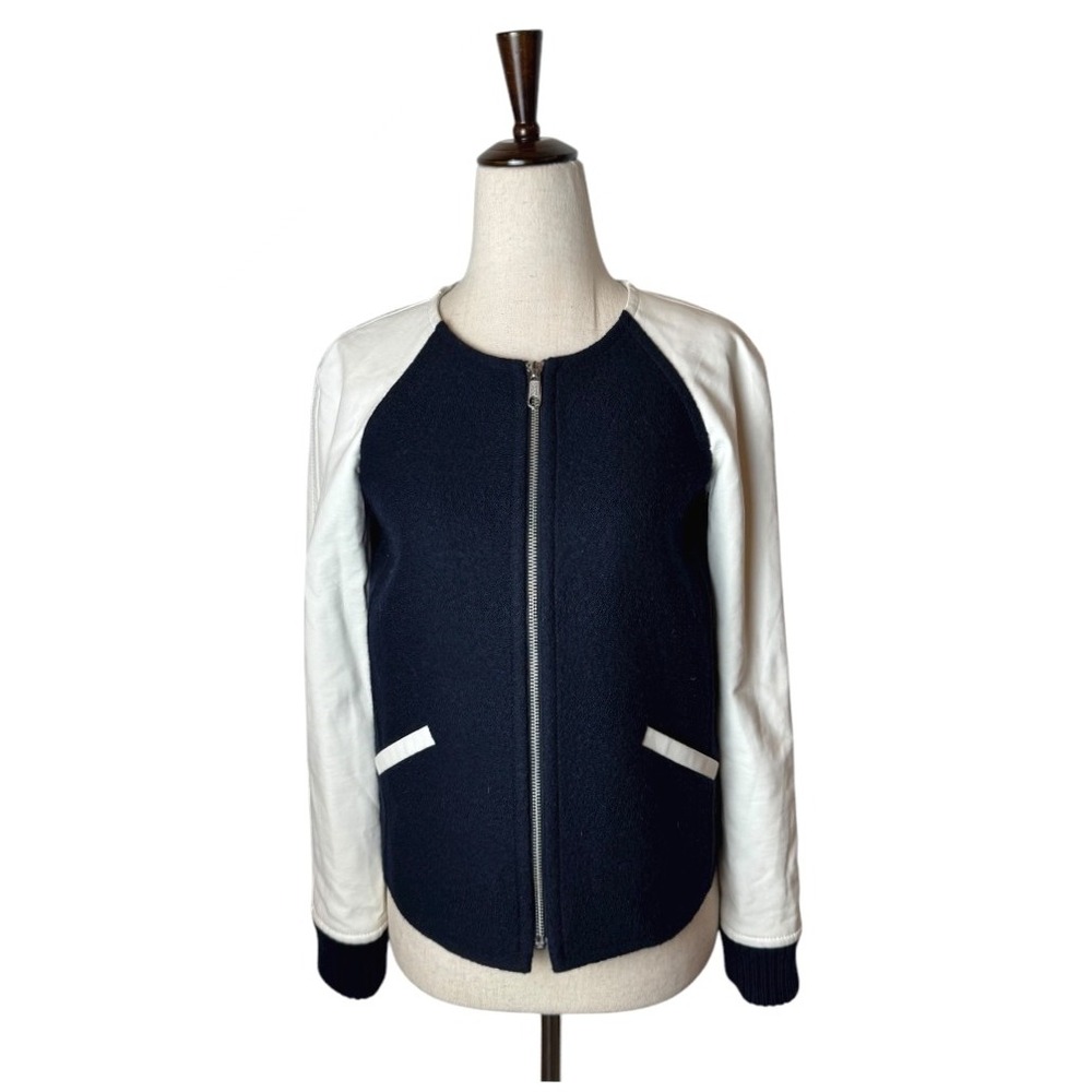 Club Monaco Coat‎ Women XS Navy Wool White Faux Leather Sleeve Varsity Jacket